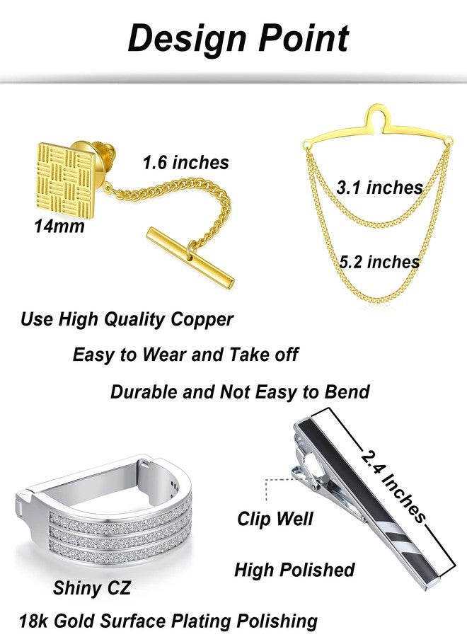 Tornito 9Pcs Tie Clips Tie Ring CZ Tie Tacks Clutch with Chain Necktie Tie Clips Link Chain for Wedding Business Anniversary Silver Black Gold Tie Pin Clips - Image 2