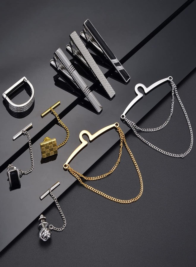 Tornito 9Pcs Tie Clips Tie Ring CZ Tie Tacks Clutch with Chain Necktie Tie Clips Link Chain for Wedding Business Anniversary Silver Black Gold Tie Pin Clips - Image 5