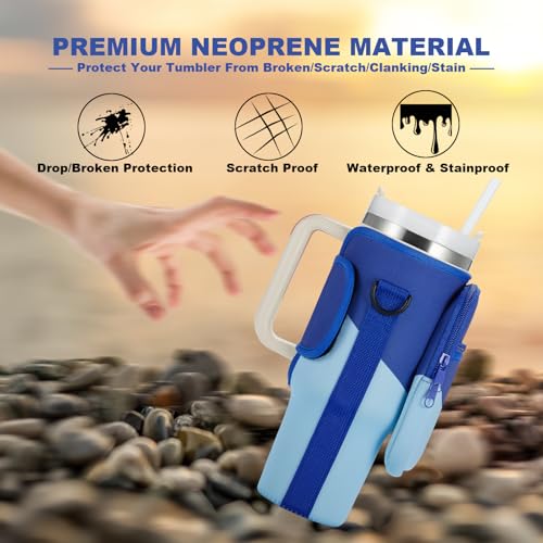 BULKITEM 30oz Water Bottle Carrier Bag with Phone Pocket for Gradient Blue Stanley 30 oz Tumbler with Handle, Insulated Neoprene Cup Holder Pouch Strap for Valentines Stanley Cup Accessories - Image 4