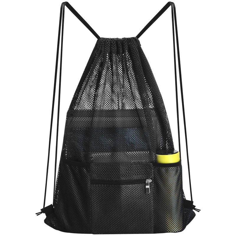 NATURAL STYLE Mesh Drawstring Backpack Bag, Gym Sports Bag with Zipper Pocket Bottle Holder, String Beach Bag for Swiming Travel (Black) - Image 1