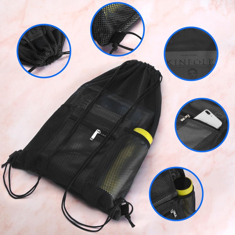 NATURAL STYLE Mesh Drawstring Backpack Bag, Gym Sports Bag with Zipper Pocket Bottle Holder, String Beach Bag for Swiming Travel (Black) - Image 3