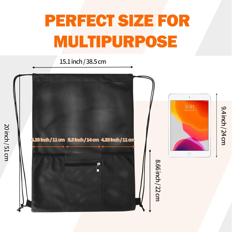 NATURAL STYLE Mesh Drawstring Backpack Bag, Gym Sports Bag with Zipper Pocket Bottle Holder, String Beach Bag for Swiming Travel (Black) - Image 2
