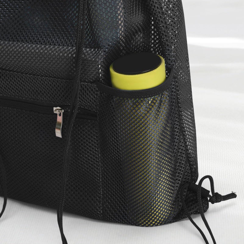NATURAL STYLE Mesh Drawstring Backpack Bag, Gym Sports Bag with Zipper Pocket Bottle Holder, String Beach Bag for Swiming Travel (Black) - Image 4