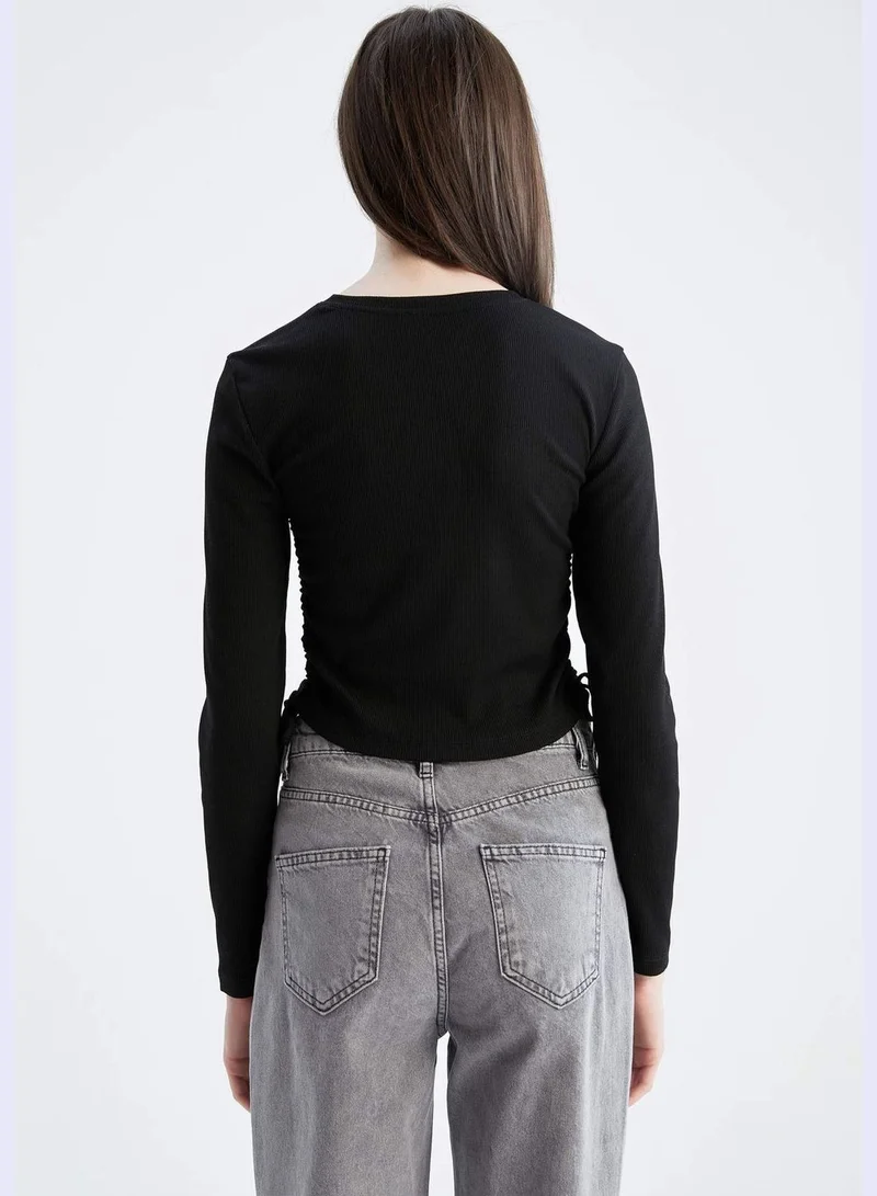 DeFacto Slim Fit Basic Long Sleeve Side Tie Cropped Top