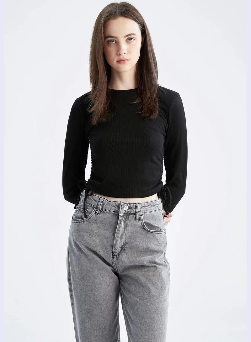 DeFacto Slim Fit Basic Long Sleeve Side Tie Cropped Top