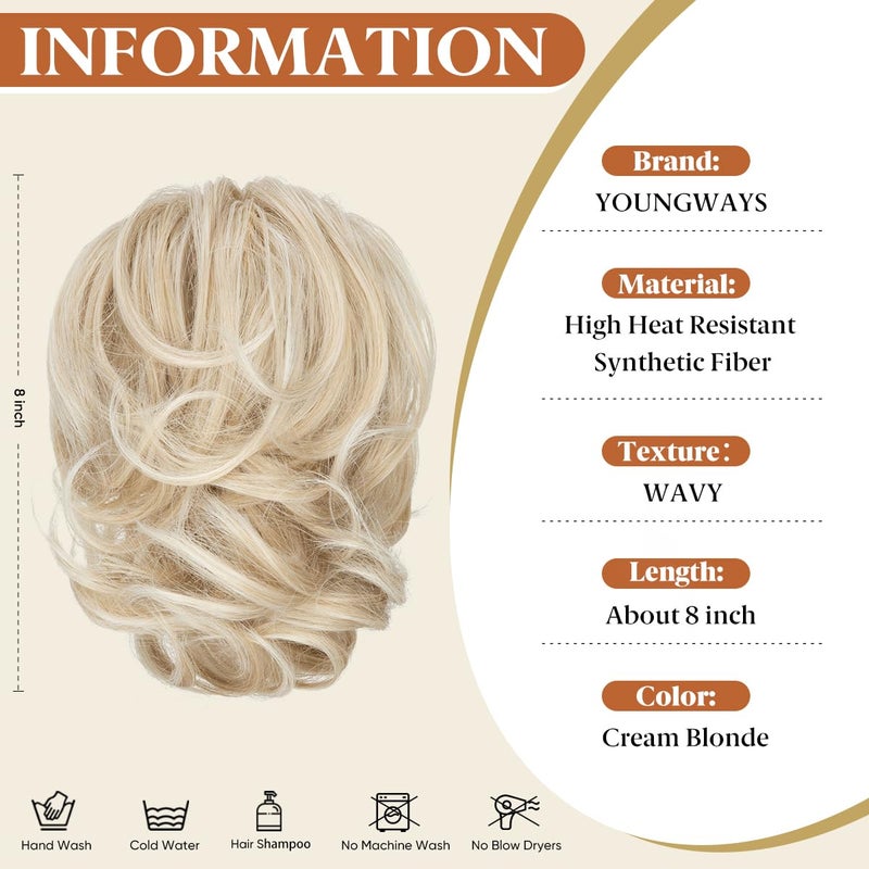 youngways Claw Clip Short Ponytail Messy Bun Hair Piece Bendable Hair Branch Extensions Fluffy Wavy Curly Synthetic Versatile Cream Blonde Hairpieces - Image 3