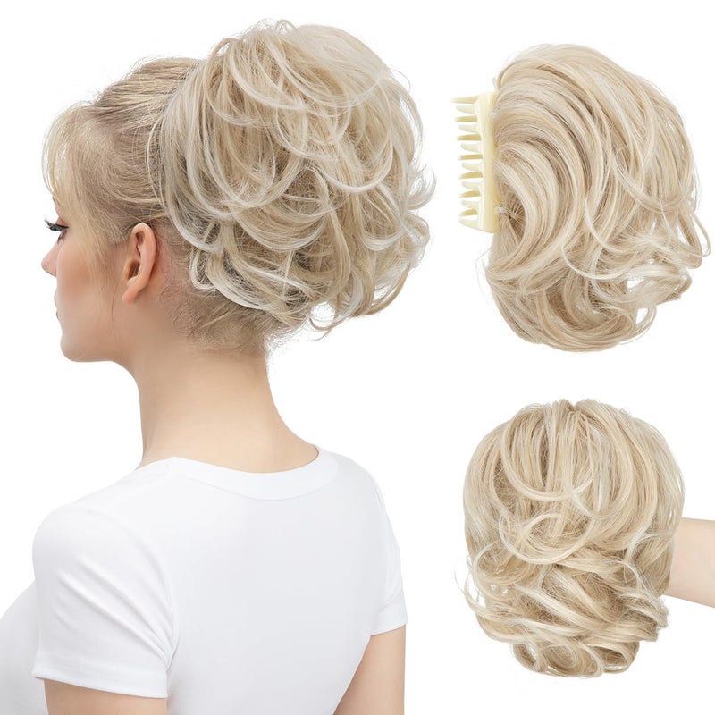 youngways Claw Clip Short Ponytail Messy Bun Hair Piece Bendable Hair Branch Extensions Fluffy Wavy Curly Synthetic Versatile Cream Blonde Hairpieces - Image 1