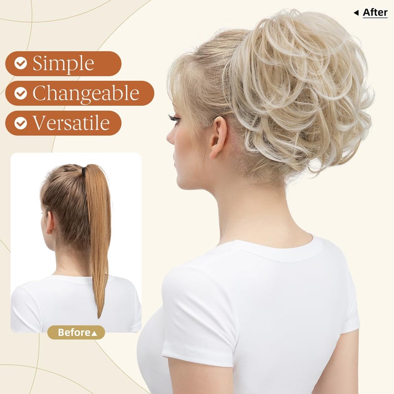 youngways Claw Clip Short Ponytail Messy Bun Hair Piece Bendable Hair Branch Extensions Fluffy Wavy Curly Synthetic Versatile Cream Blonde Hairpieces - Image 2