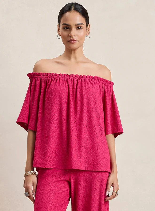 Femmella Femmella Knitted Schiffli Off Shoulder Neck Top