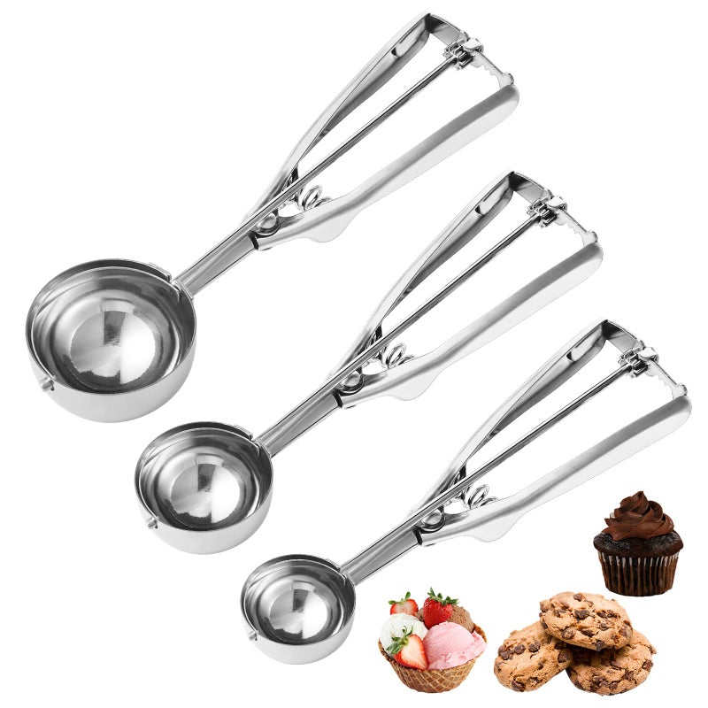 Cookie ScoopSet of 3 Cookie Dough Scoops for Baking 1 Tbsp2 Tbsp3 TbspStainless Steel Ice Cream Scooper with Trigger Release for CupcakeIce CreamMuffinMeatballMelonball