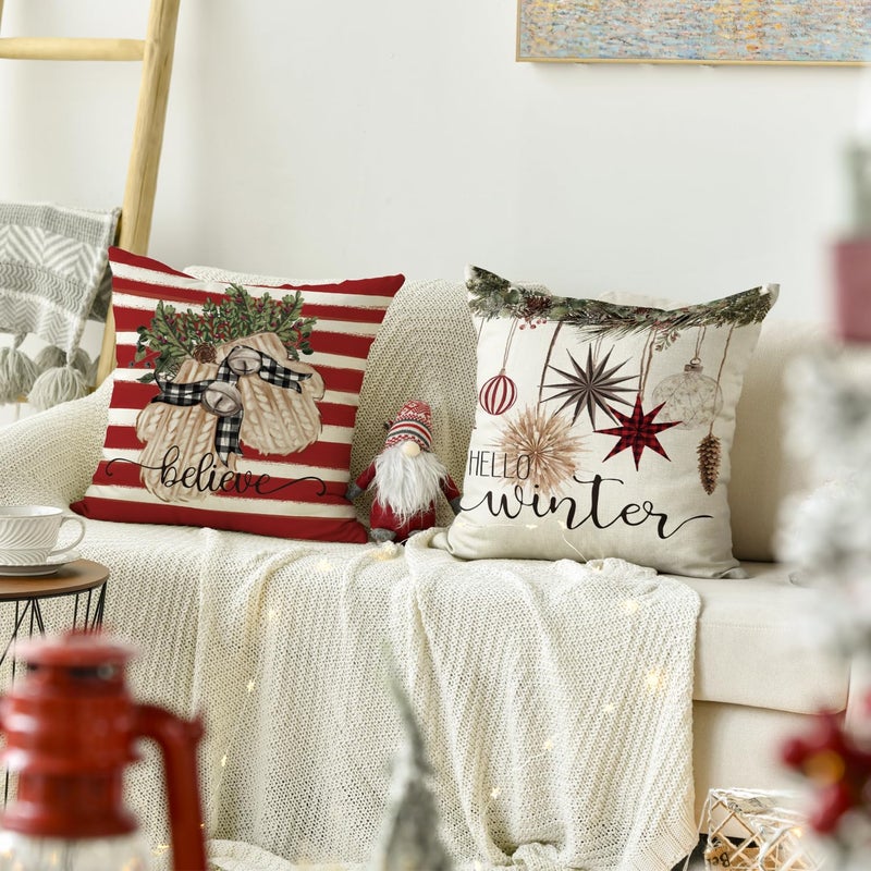 AVOIN colorlife AVOIN colorlife Merry Christmas Balls Eucalyptus Holly Berries Gloves Throw Pillow Covers  18 x 18 Inch Xmas Winter Holiday Red Stripes Cushion Case Decoration for Sofa Couch Set of 4  - Image 5