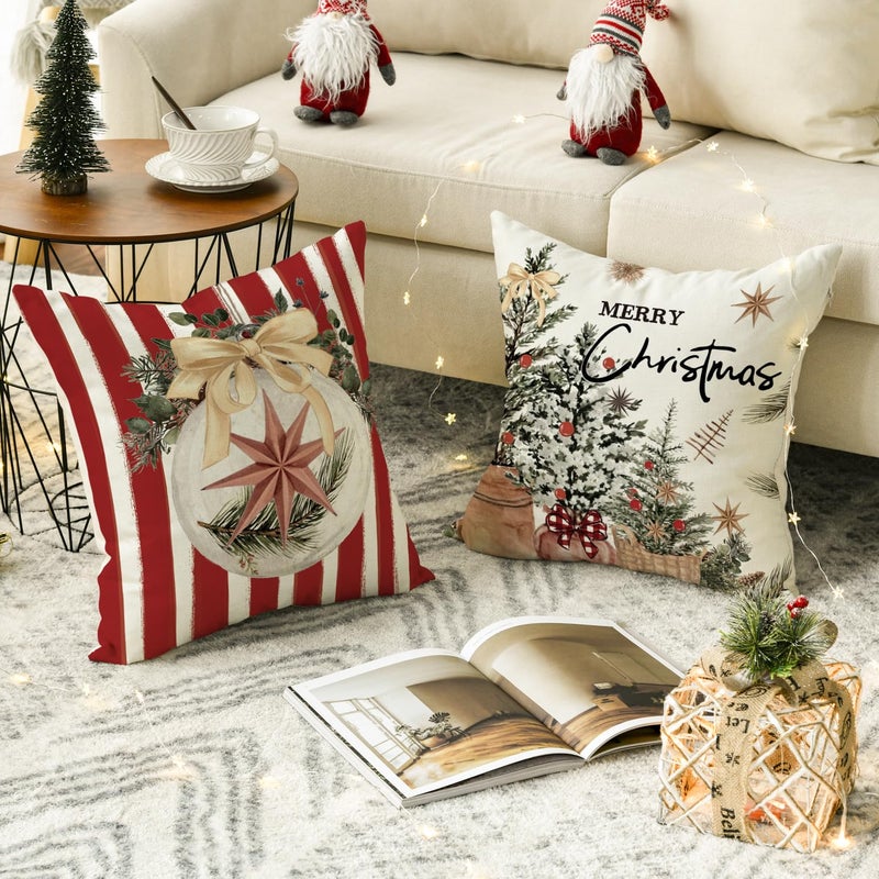 AVOIN colorlife AVOIN colorlife Merry Christmas Balls Eucalyptus Holly Berries Gloves Throw Pillow Covers  18 x 18 Inch Xmas Winter Holiday Red Stripes Cushion Case Decoration for Sofa Couch Set of 4  - Image 4