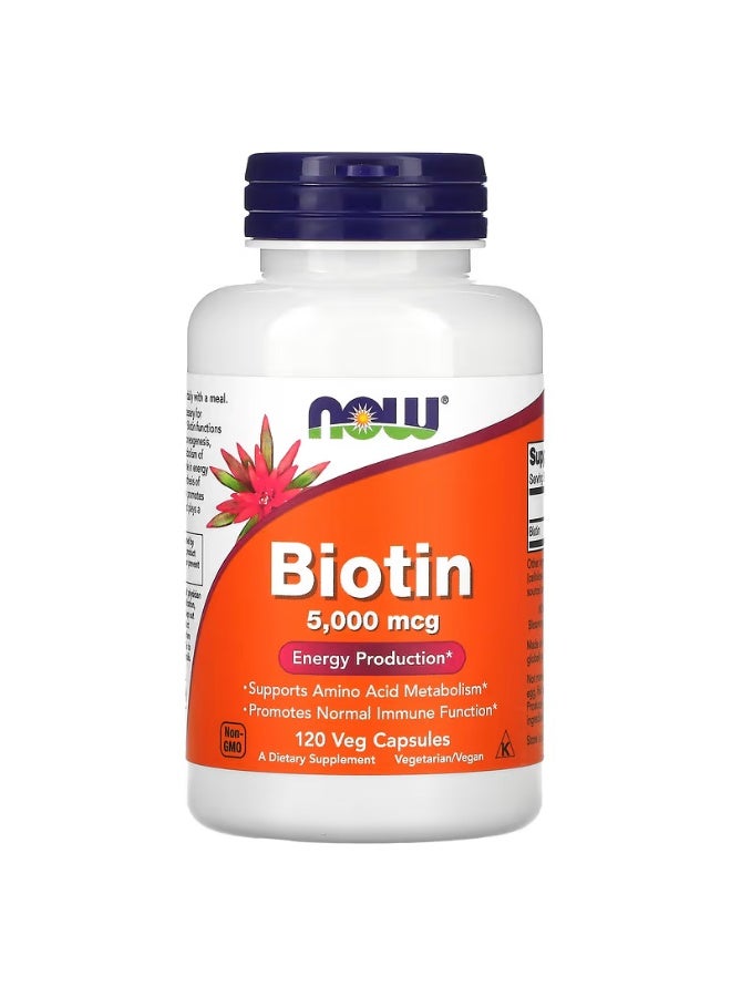 now Biotin 5,000 mcg,  Energy Production 120 Veg Capsules