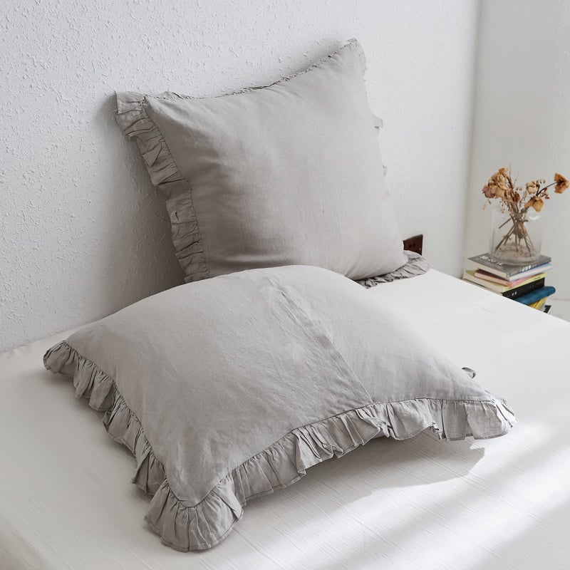 King Binens 100 ٪ LINEN EURO SHAMS مع الكشكشة - مجموعة من 2 - مغسولة اللون الصلبة الأغطية الطبيعية للضوء الناعم - الرمادي 26 '× 26' '