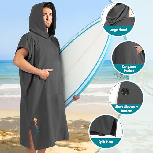 Suncube SUN CUBE Surf Poncho Changing Robe with Hood Quick Dry Microfiber Wetsuit Changing Towel for Surfing Beach Swim Outdoor Sports Men Absorbent Wearable Towel Cover Up with Pocket Gray - Image 3