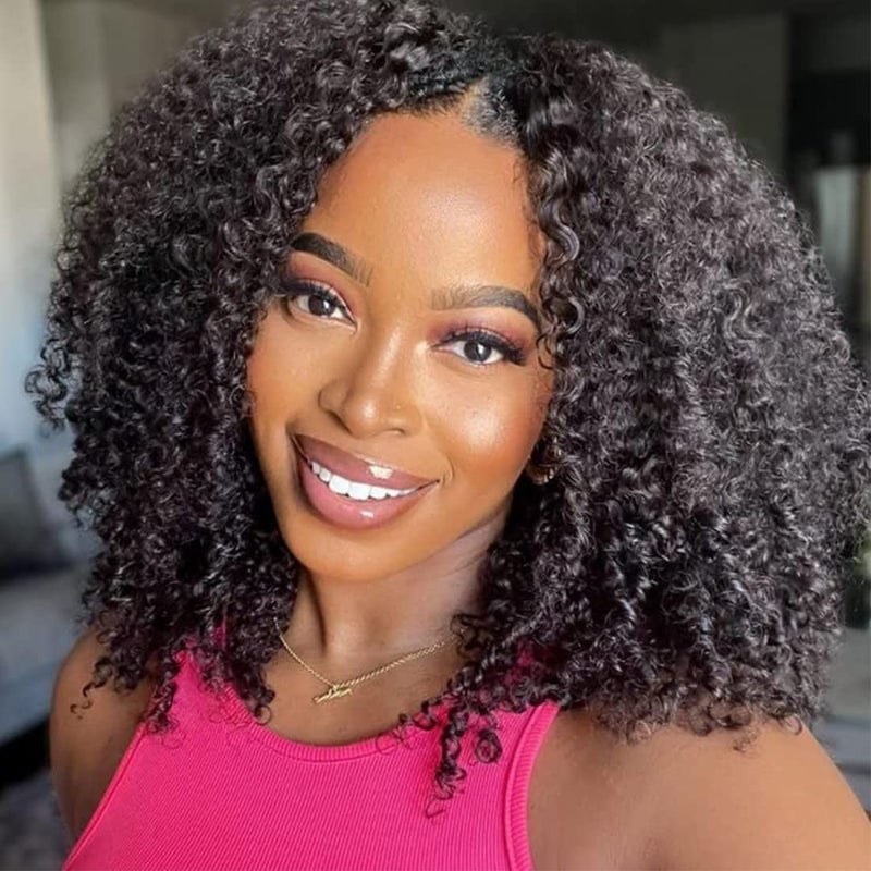 Nadula V Part Wig Kinky Curly Human Hair No Leave Out Glueless Upgraded U Part Wigs for Women10A Malaysian Afro Curly Vpart Wigs V Shape Clip in Half Wig Beginner Friendly 150 Density 14inch