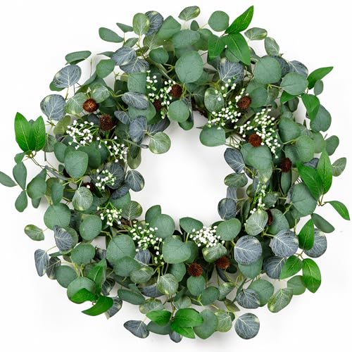 YUGALI 24" Spring Summer Eucalyptus Wreaths for Front Door, Artificial Silk Green Silver Dollar Eucalyptus Olive Leaves with White Berry Pinecone Accents Farmhouse All Seasons Outdoor Home Decor - Image 1