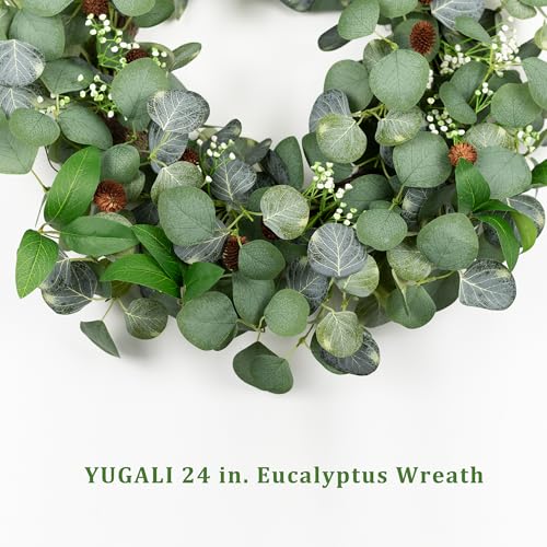 YUGALI 24" Spring Summer Eucalyptus Wreaths for Front Door, Artificial Silk Green Silver Dollar Eucalyptus Olive Leaves with White Berry Pinecone Accents Farmhouse All Seasons Outdoor Home Decor - Image 4