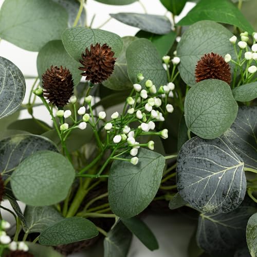 YUGALI 24" Spring Summer Eucalyptus Wreaths for Front Door, Artificial Silk Green Silver Dollar Eucalyptus Olive Leaves with White Berry Pinecone Accents Farmhouse All Seasons Outdoor Home Decor - Image 5
