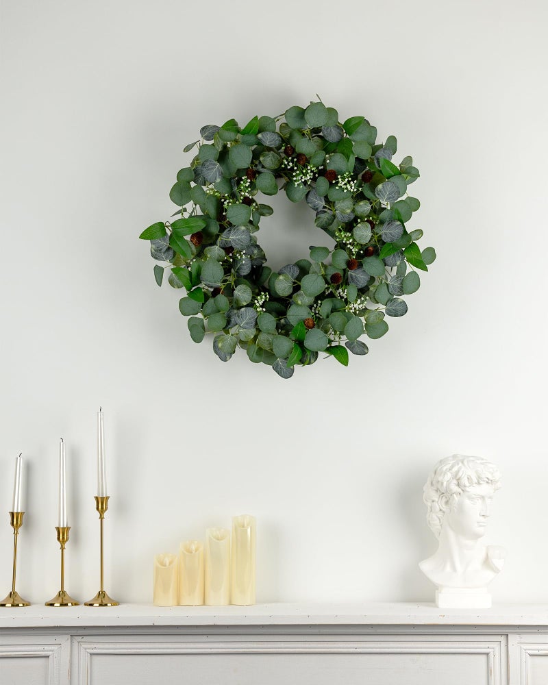 YUGALI 24" Spring Summer Eucalyptus Wreaths for Front Door, Artificial Silk Green Silver Dollar Eucalyptus Olive Leaves with White Berry Pinecone Accents Farmhouse All Seasons Outdoor Home Decor - Image 3