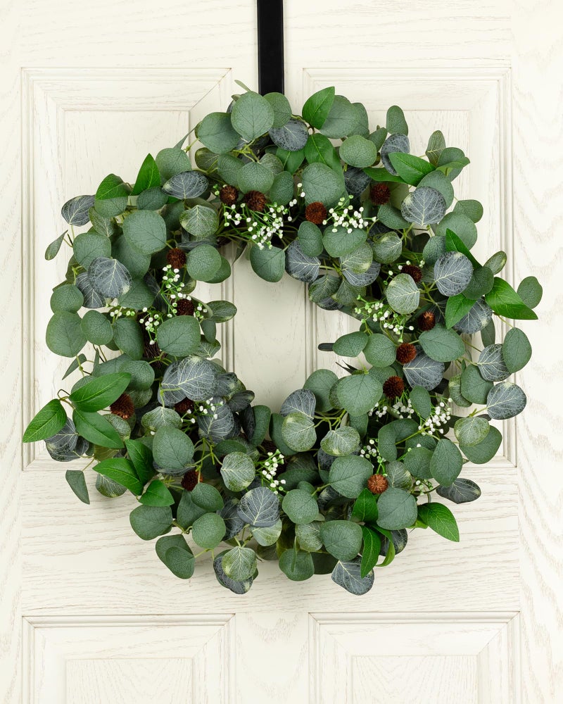YUGALI 24" Spring Summer Eucalyptus Wreaths for Front Door, Artificial Silk Green Silver Dollar Eucalyptus Olive Leaves with White Berry Pinecone Accents Farmhouse All Seasons Outdoor Home Decor - Image 2