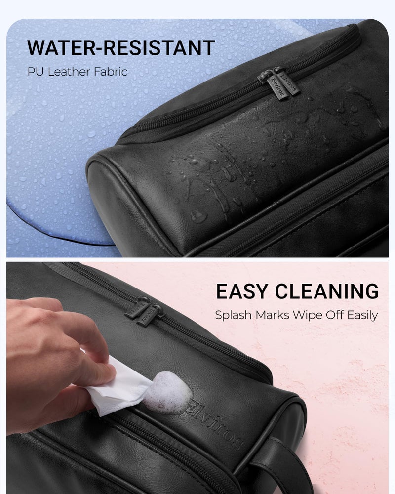 Elviros Toiletry Bag for Mens PU Leather Travel Organizer Kit with Hanging hook, Large Water-resistant Toiletries Bathroom Shaving Bags (Black) - Image 5