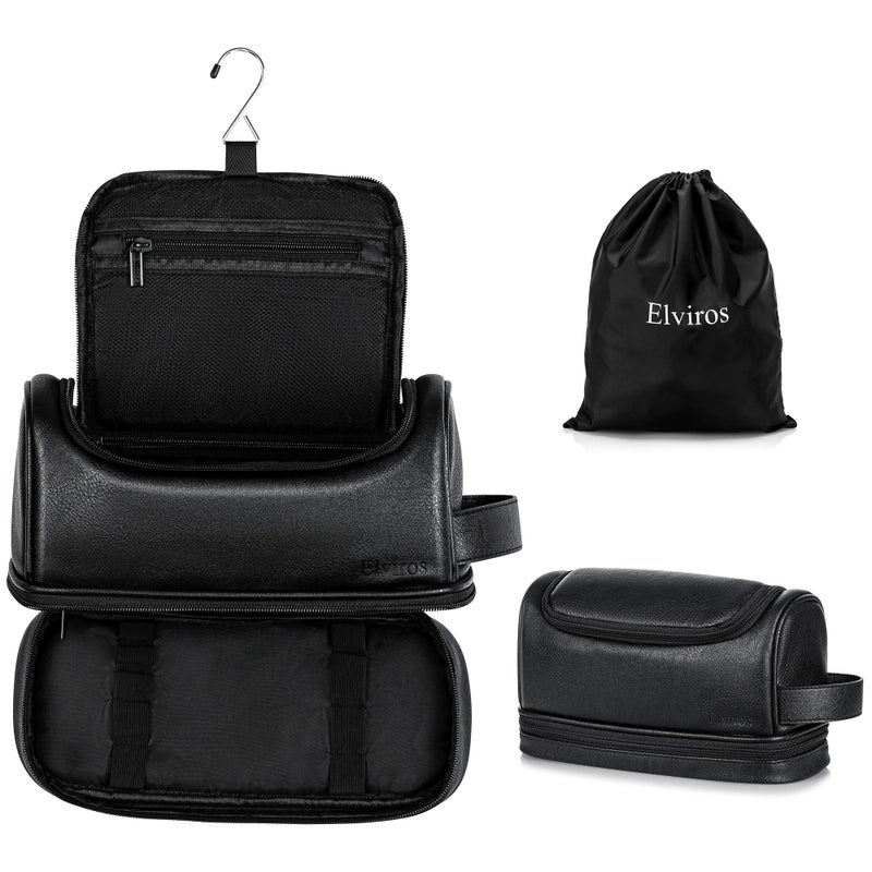 Elviros Toiletry Bag for Mens PU Leather Travel Organizer Kit with Hanging hook, Large Water-resistant Toiletries Bathroom Shaving Bags (Black) - Image 1