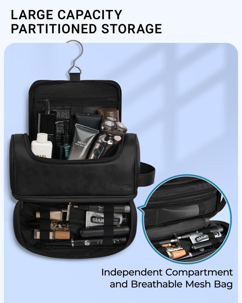 Elviros Toiletry Bag for Mens PU Leather Travel Organizer Kit with Hanging hook, Large Water-resistant Toiletries Bathroom Shaving Bags (Black) - Image 3