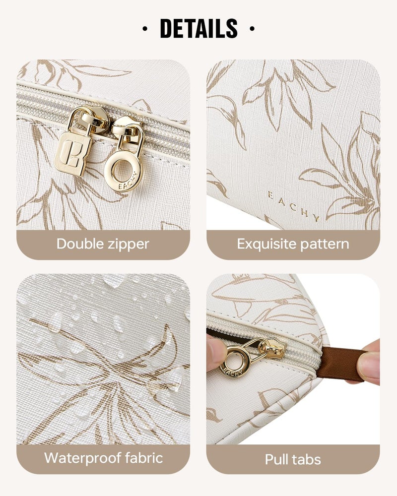 EACHY Travel Makeup Bag, Large Capacity Cosmetic Bags for Women, Waterproof Portable Pouch Open Flat Toiletry Bag Pattern Make up Bag (F-Beige) - Image 5