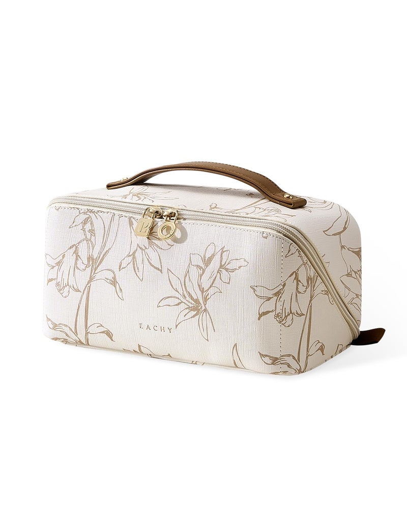 EACHY Travel Makeup Bag, Large Capacity Cosmetic Bags for Women, Waterproof Portable Pouch Open Flat Toiletry Bag Pattern Make up Bag (F-Beige) - Image 1