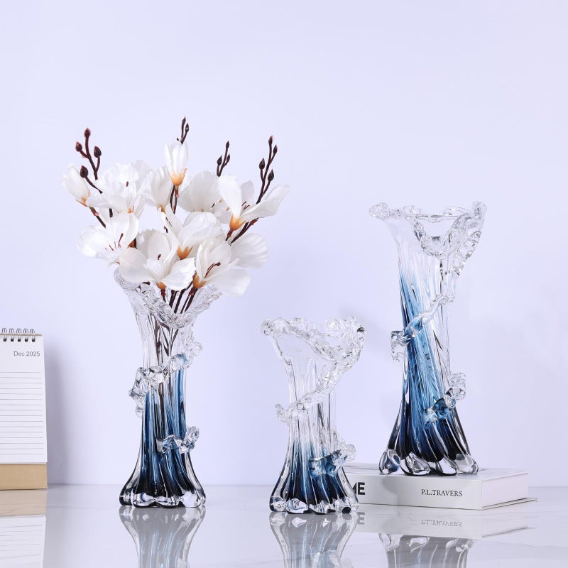 oliruim Hand Blown Blue Glass Vase, Unique Art Beautiful Ocean Glass Vase for Home Centerpiece, Coffee Table, Living Room, Office Decor - 11.8" H(Large) - Image 4