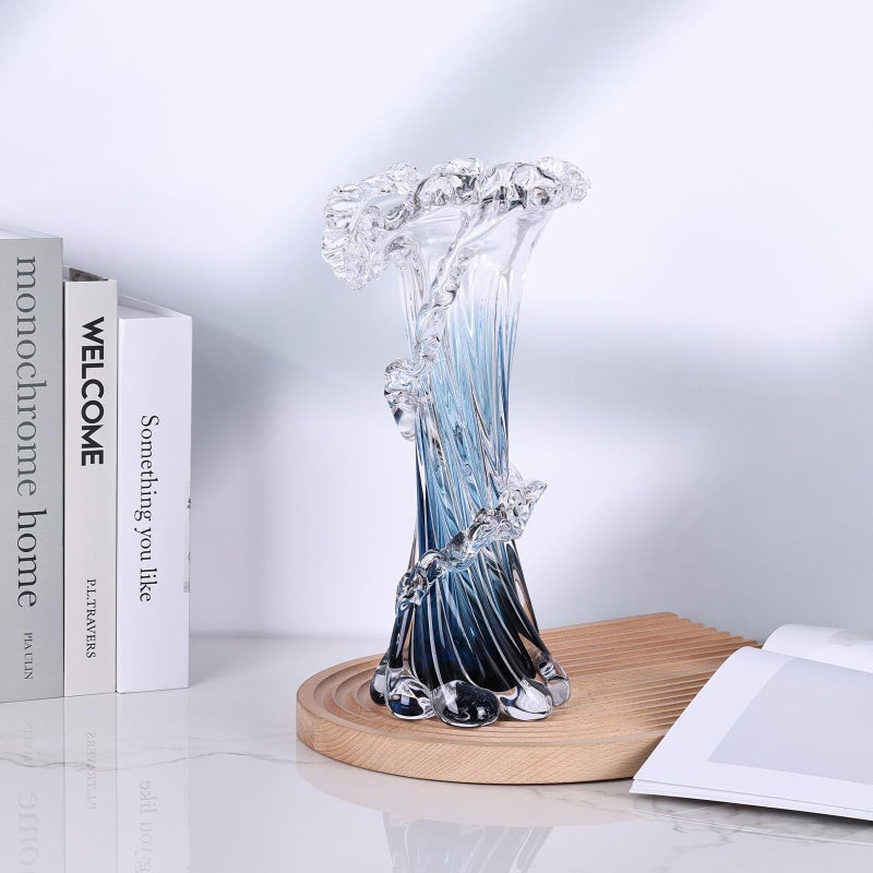 oliruim Hand Blown Blue Glass Vase, Unique Art Beautiful Ocean Glass Vase for Home Centerpiece, Coffee Table, Living Room, Office Decor - 11.8" H(Large) - Image 5