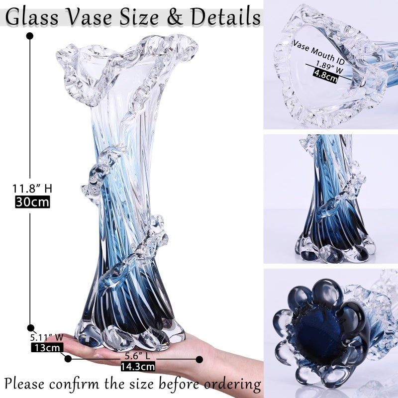 oliruim Hand Blown Blue Glass Vase, Unique Art Beautiful Ocean Glass Vase for Home Centerpiece, Coffee Table, Living Room, Office Decor - 11.8" H(Large) - Image 3