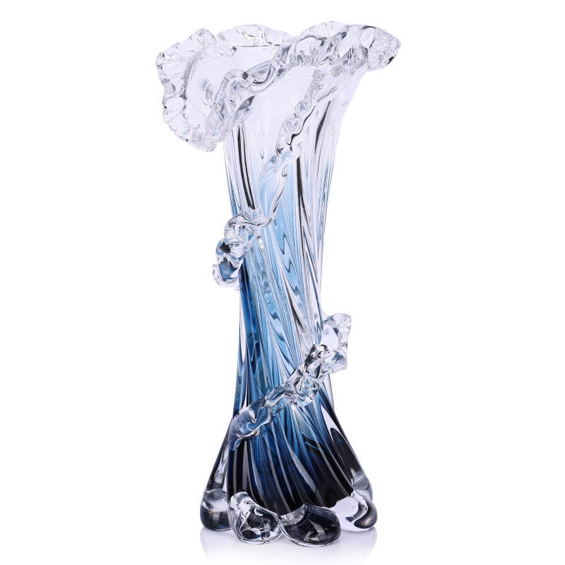 oliruim Hand Blown Blue Glass Vase, Unique Art Beautiful Ocean Glass Vase for Home Centerpiece, Coffee Table, Living Room, Office Decor - 11.8" H(Large) - Image 1