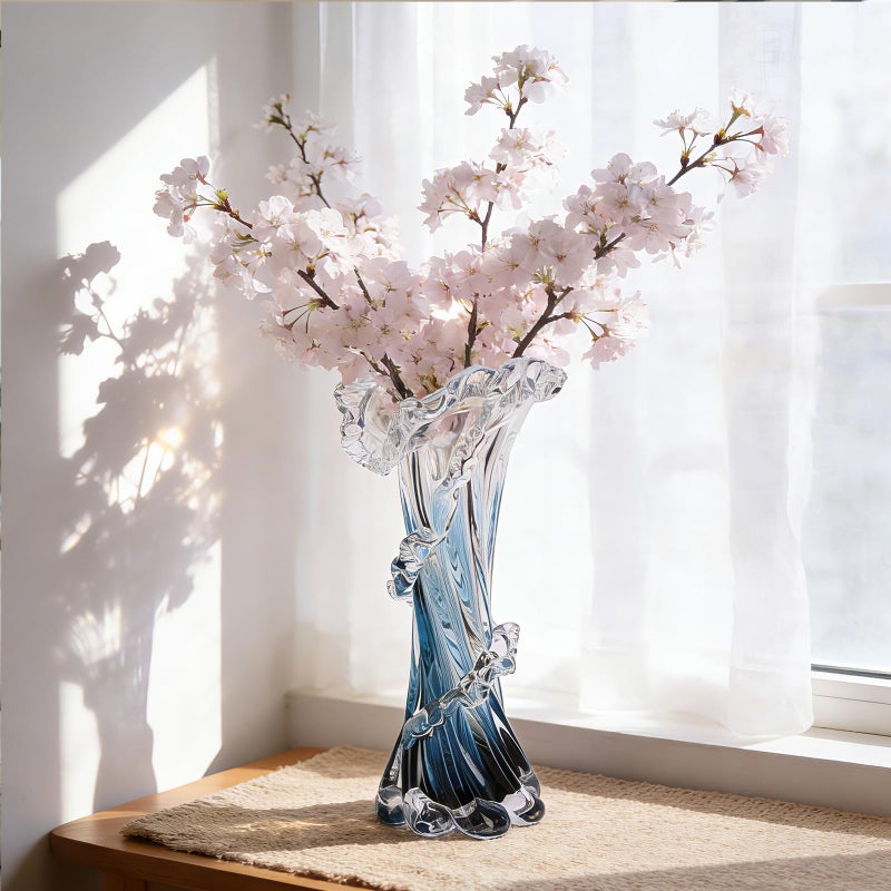 oliruim Hand Blown Blue Glass Vase, Unique Art Beautiful Ocean Glass Vase for Home Centerpiece, Coffee Table, Living Room, Office Decor - 11.8" H(Large) - Image 2