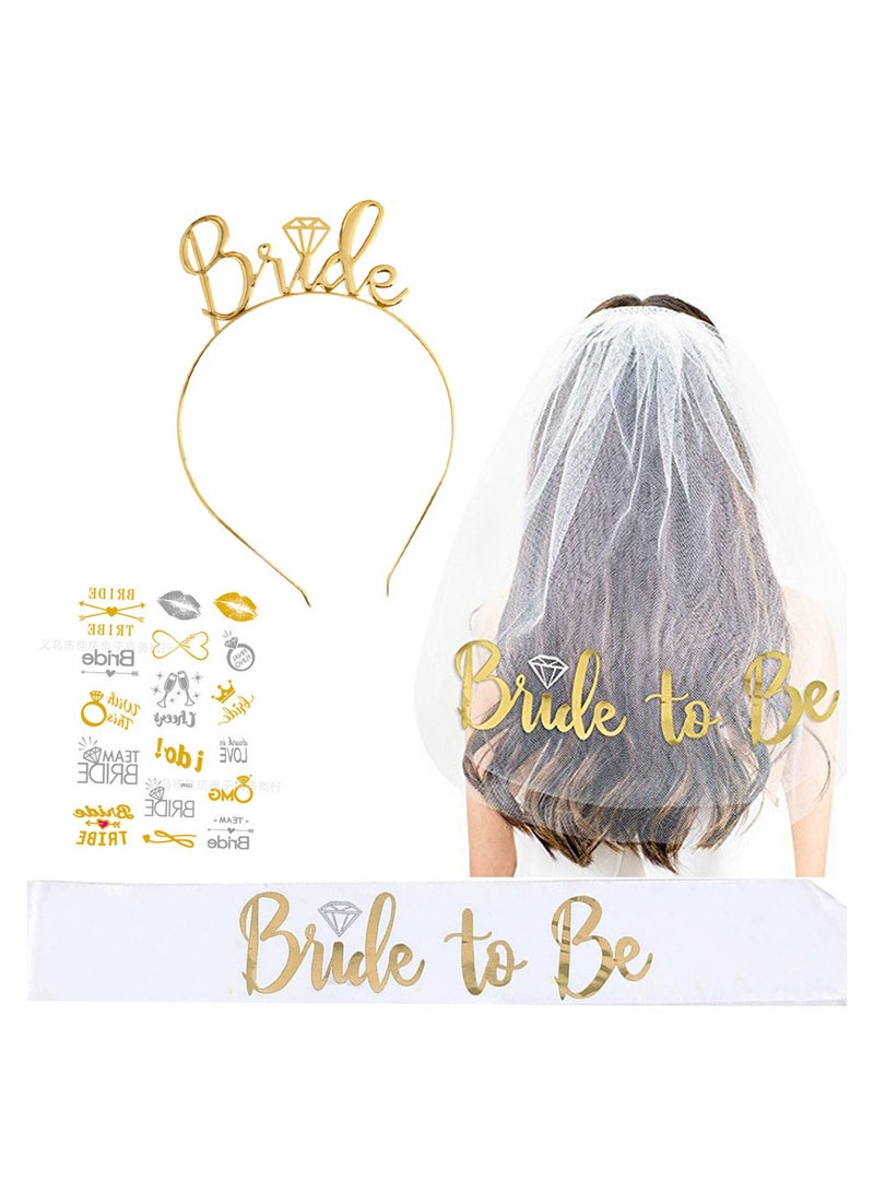 Ginger Ray 4 Pack Bridal Decoration Set Bridal Belt Headband Tiara Bridal Veil with Comb Tiara Banner Body Sticker Bridal Gift Decoration Wedding Set  - Image 1