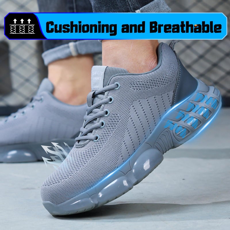 TANIELD Steel Toe Shoes for Men Breathable Mens Work Shoes Air Cushioned Comfortable Safety Sneakers Grey Lightweight Steel Toe Sneakers Indestructible Mens Work Tennis for Construction - Image 4