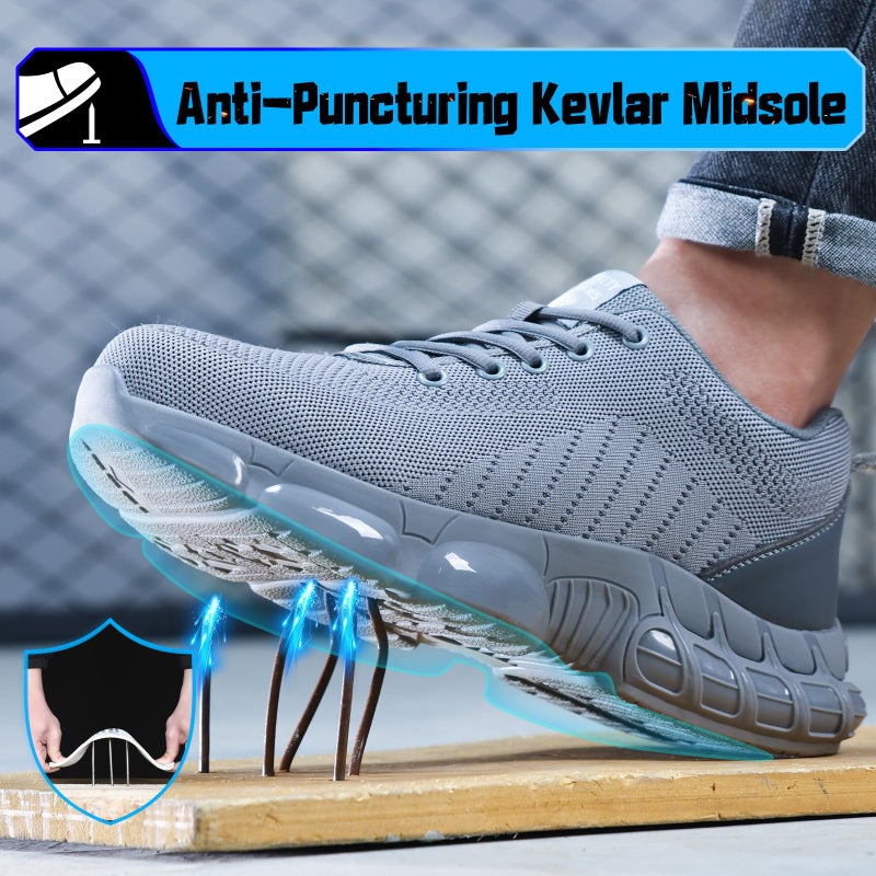 TANIELD Steel Toe Shoes for Men Breathable Mens Work Shoes Air Cushioned Comfortable Safety Sneakers Grey Lightweight Steel Toe Sneakers Indestructible Mens Work Tennis for Construction - Image 3