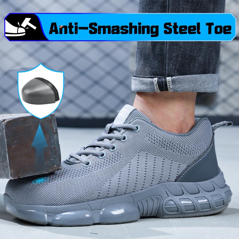 TANIELD Steel Toe Shoes for Men Breathable Mens Work Shoes Air Cushioned Comfortable Safety Sneakers Grey Lightweight Steel Toe Sneakers Indestructible Mens Work Tennis for Construction - Image 2