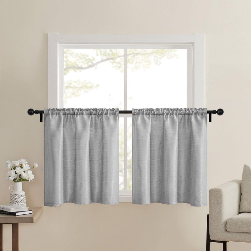 Home Queen Grey Waffle Bathroom Window Curtains Short Water Repellent Rod Pocket for Small Kitchen Window 36 W X 24 L Inch Each