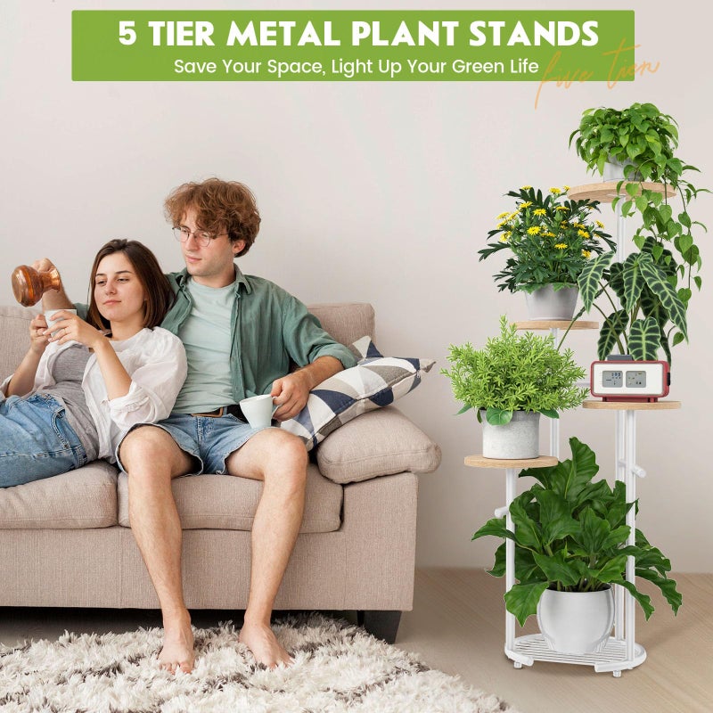 TOSKING 5 Tier Metal Plant Stand Indoorï¼Œ Plant Shelf, Corner Shelf Flower Pot Stand for Outdoor Plant Stand for Living Room Balcony Garden Patio Bedroom (White and Wood, 42in) - Image 2