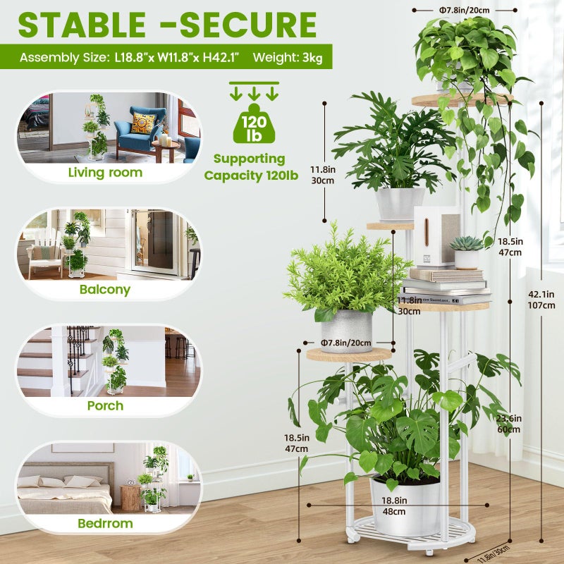 TOSKING 5 Tier Metal Plant Stand Indoorï¼Œ Plant Shelf, Corner Shelf Flower Pot Stand for Outdoor Plant Stand for Living Room Balcony Garden Patio Bedroom (White and Wood, 42in) - Image 3
