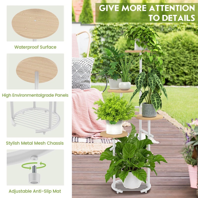 TOSKING 5 Tier Metal Plant Stand Indoorï¼Œ Plant Shelf, Corner Shelf Flower Pot Stand for Outdoor Plant Stand for Living Room Balcony Garden Patio Bedroom (White and Wood, 42in) - Image 5