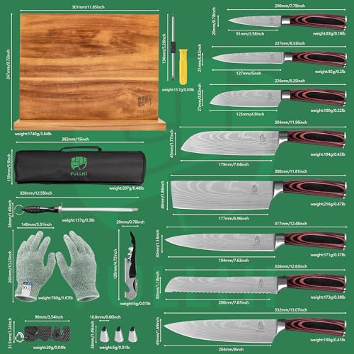 FULLHI 15pcs Japanese Knife Set with Magnetic Knife Block Holder, Premium German Stainless Steel Kitchen Knife Set - Image 2