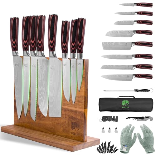 FULLHI 15pcs Japanese Knife Set with Magnetic Knife Block Holder, Premium German Stainless Steel Kitchen Knife Set - Image 1