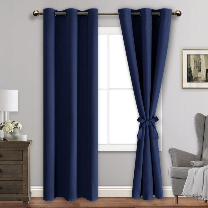 BLACKOUT CURTAINS WITH TIEBACKS THERMAL INSULATED LIGHT BLOCKING AND NOISE REDUCING GROMMET CURTAIN DRAPES FOR BEDROOM AND LIVING ROOM SET OF 2 PANELS 42 X 84 INCHES LONG NAVY BLUE