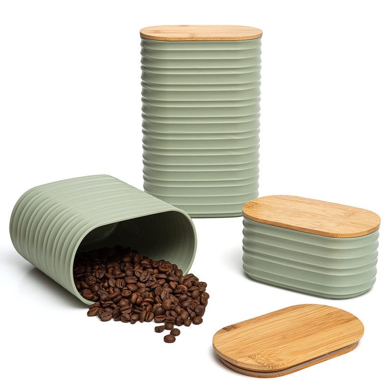 Mixpresso Olive Green Canisters Sets for the Kitchen â€“ 3-Piece Airtight Plastic Sugar Container Set with Bamboo Lids in Three Different Sizes â€“ Decorative Modern Storage Jars for Coffee &Tea - Image 1