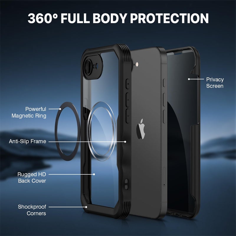 CENHUFO Magnetic Privacy Case for iPhone 16E / iPhone 17E [Compatible with Magsafe] Full Body Phone Case Built-in 9H Glass Privacy Screen Protector and Camera Protector, Shockproof Cover - Black - Image 3