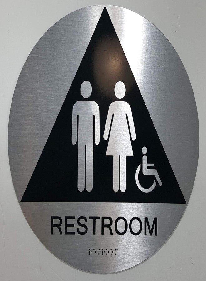 BUILDINGSIGNS.COM Ca Unisex Restroom Accessible Sign Braille Sign With Raised Tactile Graphics And Letters -(Aluminum, Brush Silver,12 Diameter) The Sensation Line - Image 1