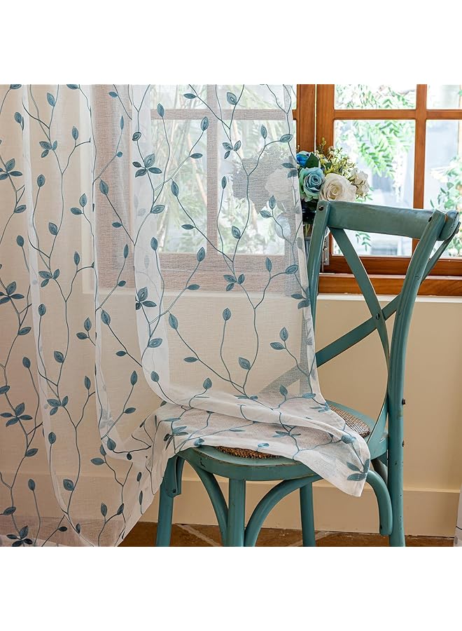 The Bros ستائر نصف شفافة بنمط أوراق 2 لوحة، 137 × 213 سم مزخرفة بالأزهار للنوافذ لغرفة النوم وغرفة المعيشة، تصميم جيب القضيب، أبيض وزمردي - Image 1